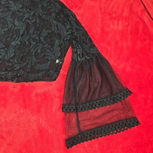 Peach Black Sheer Lace Blouse Floral Scalloped Trim Whimsigoth Coquette Size M - Picture 5 of 16